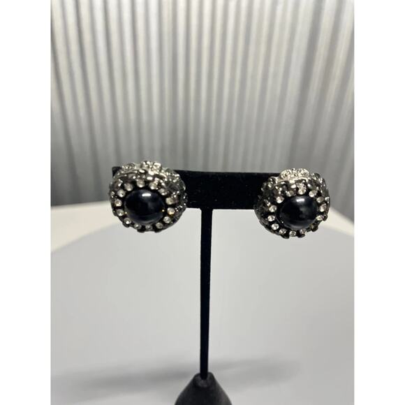Black Rhinestone Stud Earrings Vintage Cluster Dome Round Sparkle Glam - Picture 3 of 9